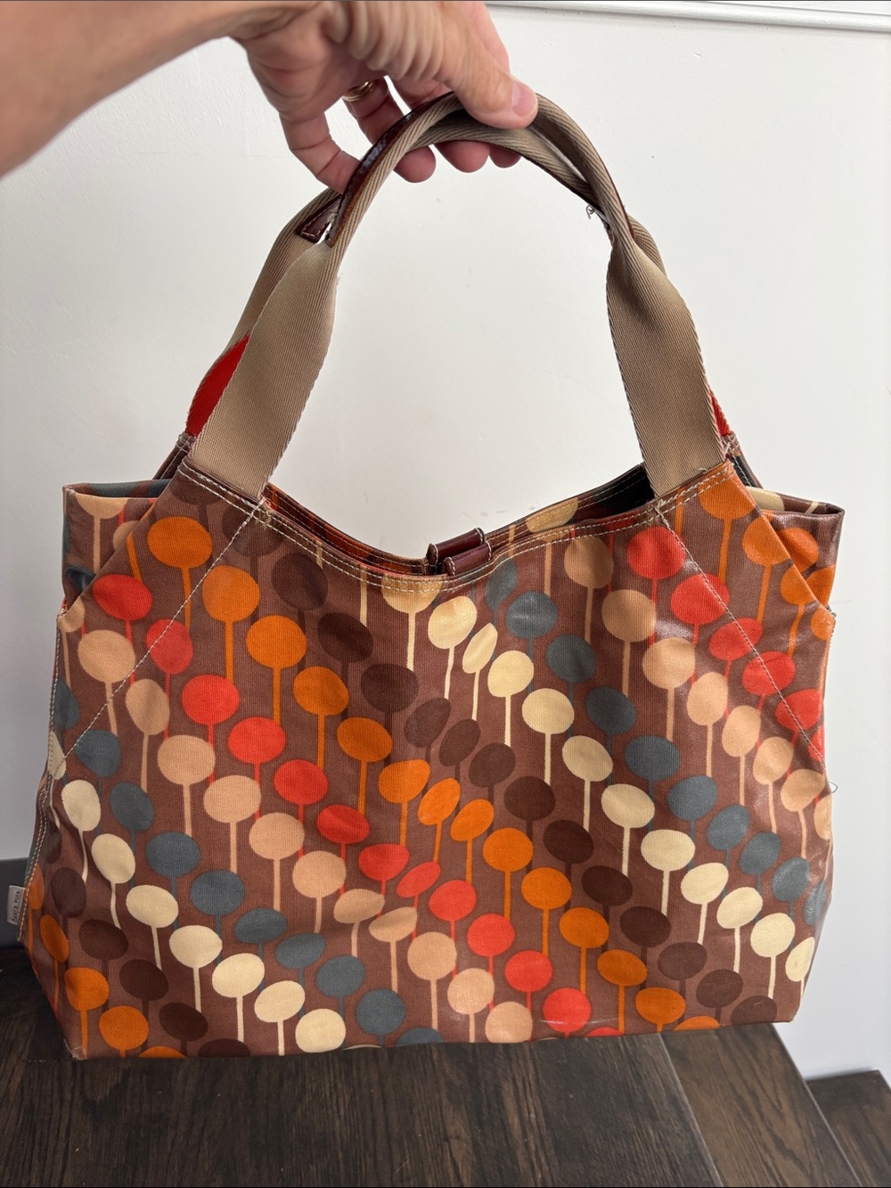Orla Kiely tote bag, dot/stick pattern, cotton lining, pockets, 20x14”